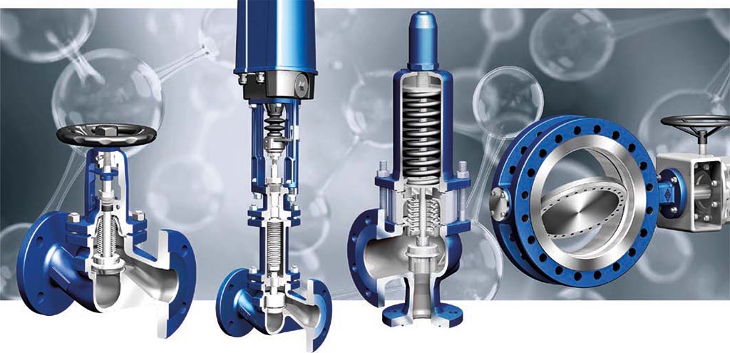 Fig. 1: Overview of selected valves for the hydrogen value chain (from left to right): the FABA-Plus globe valve, the STEVI Smart control valve with ARI PREMIO-Plus 2G electric actuator, the SAFE safety valve and the ZETRIX triple offset process valve.